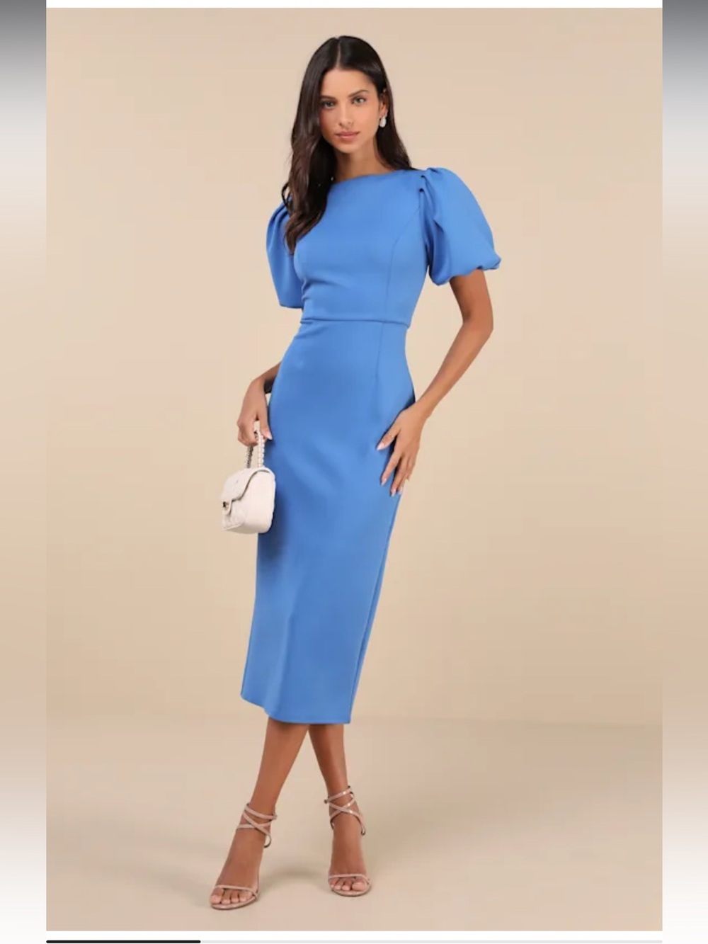 Lulus Simply Beloved Blue Puff Sleeve Bodycon Midi Dress Small broken zipper